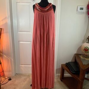 Soft Surroundings Beaded Sleeveless Coral Boho Maxi Dress Size Medium